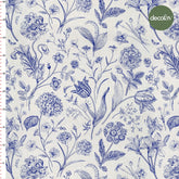 Digitally Printed Fabric with Blue Hand-Drawn Floral Pattern on a White Background